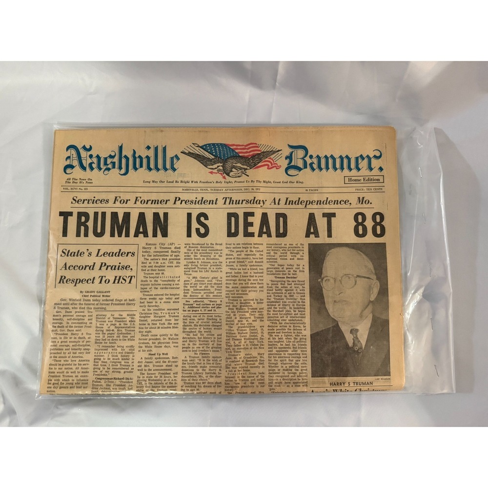 TRUMAN IS DEAD at 88, Nashville Banner, December 26, 1972, Original Newspaper